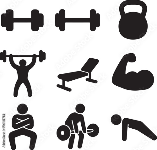 Fitness Icons Set Dumbbells Kettlebell Weightlifter Bench and Exercises workout training