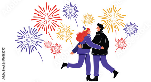 Couple embracing, celebrating New Year's Eve with colorful fireworks display