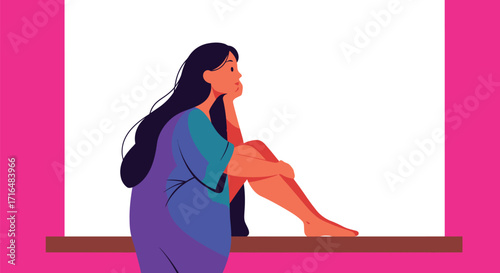 Vibrant stylized vector art: Woman contemplates by window, colorful fashion