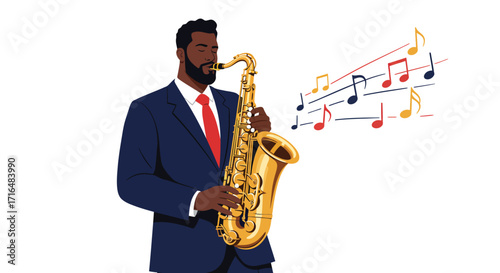 Elegant saxophonist performing jazz music with musical notes illustration