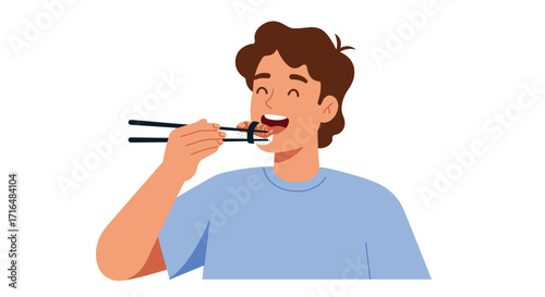 Cheerful person enjoying a sushi meal with chopsticks, against plain background