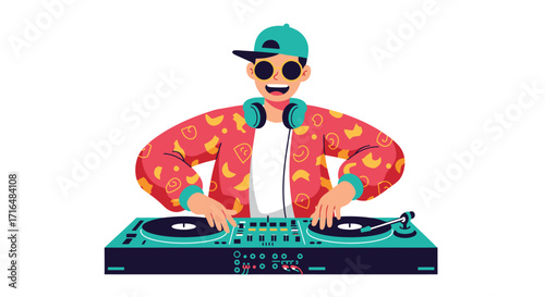 Energetic DJ mixing music on turntables in a vibrant flat vector style