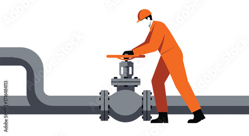 Vibrant vector illustration of an industrial worker controlling an oil pipeline valve