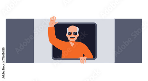 Vector illustration of a cheerful passenger waving from a train window