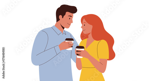 Stylized illustration of a couple enjoying coffee together with affection