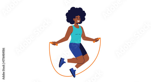 Energetic woman exercising by jumping rope in flat vector illustration