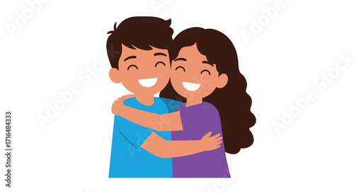 Happy siblings embracing joyfully in a colorful flat vector illustration