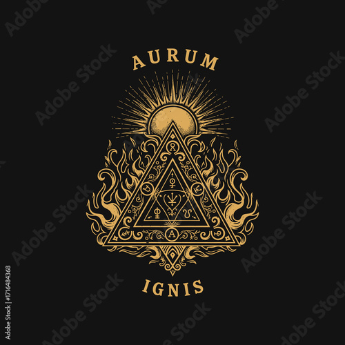 Ornate golden alchemical triangle with sunburst, flames, and mystical symbols on a dark background, featuring 'AURUM' and 'IGNIS' text.