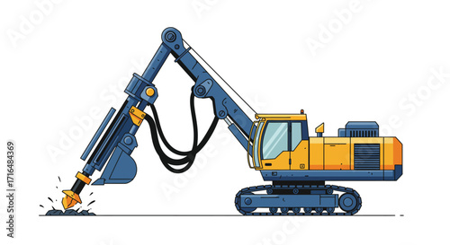 Stylized flat vector illustration of a mining drill rig in operation