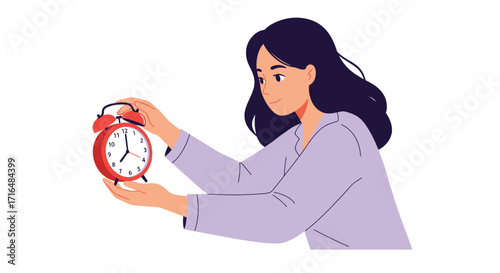 Stylized illustration of a woman setting an alarm clock before sleeping