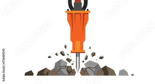 Stylized flat vector of a vibrant hydraulic hammer breaking rocks design