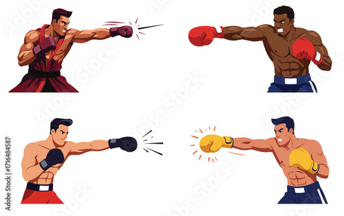 Dynamic boxing bout illustrated with determined fighters on clean background