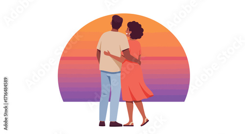 Stylized illustration of a loving couple watching the sunset together