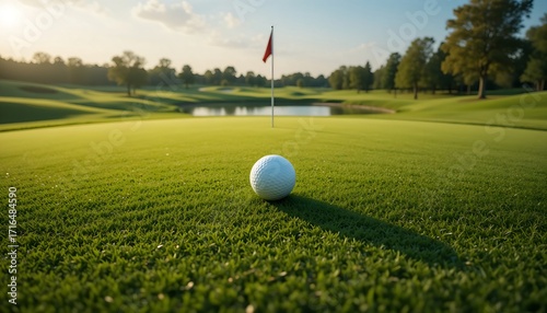 a golf ball rests perfectly on the meticulously mowed green,the flagstick a vibrant punctuation mark in the distance with the rolling fairways and a serene pond visible under a soft,diffused sky.
