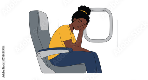 Stylized illustration of a person sleeping on an airplane seat during flight