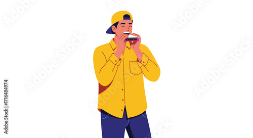 Harmonica Player: A Vibrant Flat Vector Illustration against White Backdrop