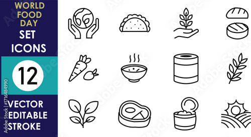 The image shows a set of 12 editable vector line icons for World Food Day, featuring food, plants, sustainability, and agriculture-related minimalist symbols