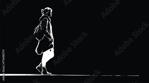 Elegant Black Silhouette of Woman Walking Alone in Night, Creative Concept for Adobe Stock Photos