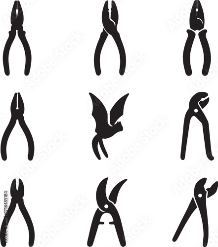 Nine black silhouette icons including pliers, cutters and a bat tools hand tools