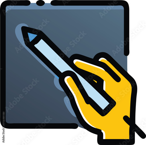 Hand holding stylus drawing on digital tablet icon