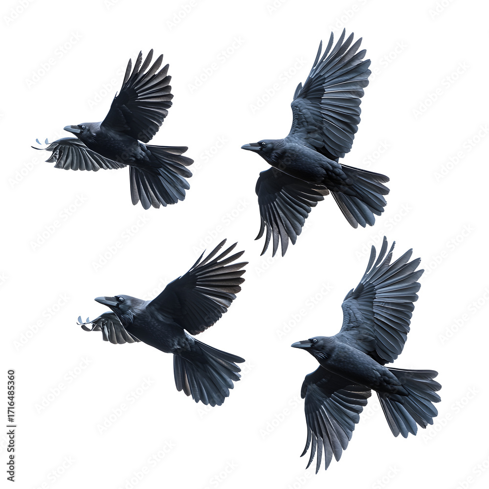 Obraz premium Group of ravens flying, white isolated bg