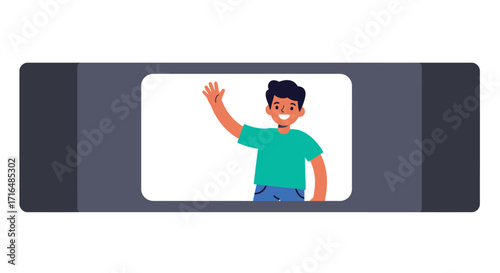 Flat vector illustration of a boy waving from a train window, in simple style