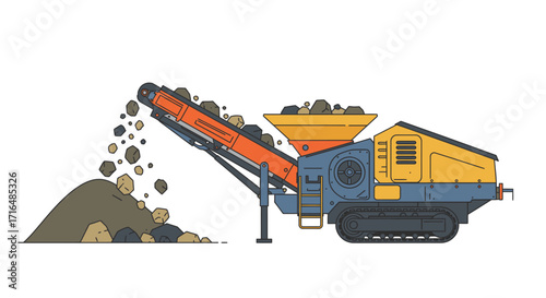 Stylized rock crusher illustration processing stones against a clean backdrop