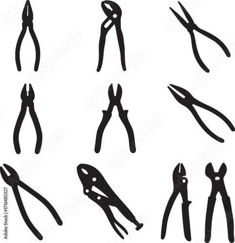 Nine black silhouette icons of various pliers and cutters at different angles tools hand tools