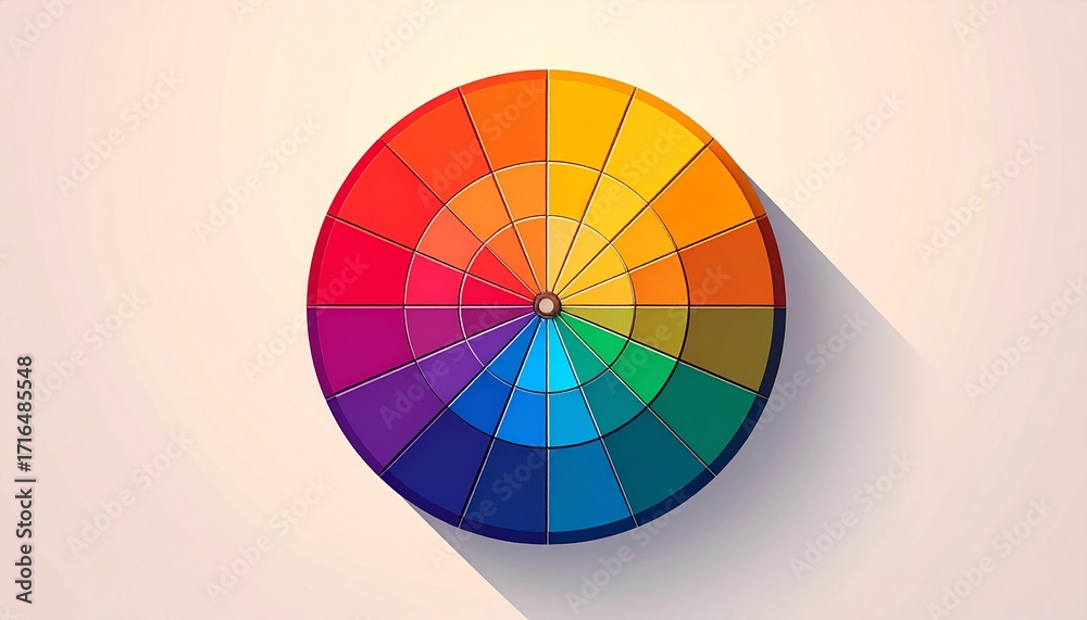 Fototapeta premium Vibrant flat design color wheel with a long shadow, illustrating the full color spectrum for graphic design, art, and creative projects.
