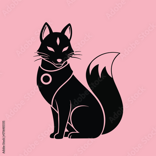 Stylized black silhouette of a fox with a decorative collar sitting calmly against a solid pink background