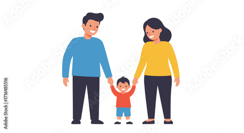 Stylized flat vector illustration of a vibrant family holding hands