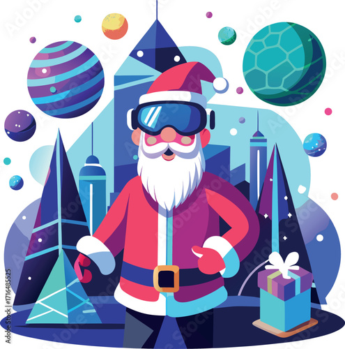 Santa wearing a VR headset, exploring a virtual Christmas world
