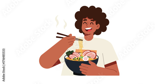 Stylized vector illustration depicting a person enjoying a bowl of ramen