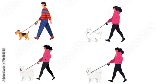 Diverse individuals walking their adorable dogs in a simple vector style