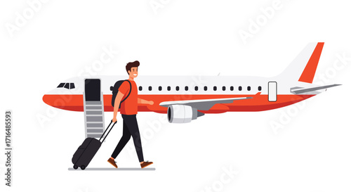 Stylized illustration of passenger boarding aircraft with luggage for travel