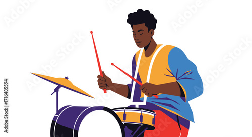 Energetic flat vector illustration of a drummer performing music rhythmically