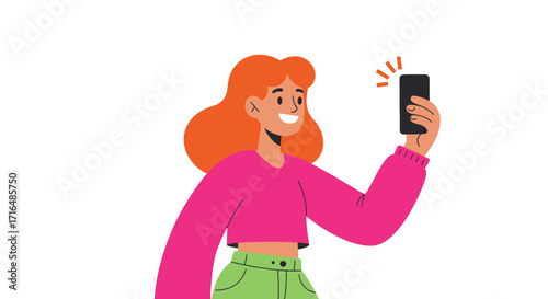 Cheerful young woman taking selfie with smartphone, flat vector style illustration
