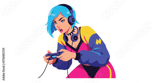 Intense Female Gamer: A Stylized Illustration of a Woman in Action