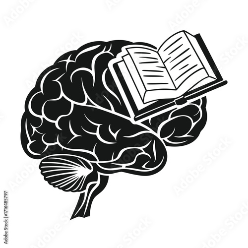Illustration of a brain with an open book on top, symbolizing learning, knowledge, and cognitive processes. Ideal for educational or psychological themes