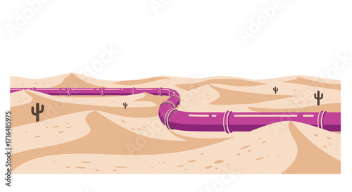Stylized purple pipeline stretches across desert dunes landscape art