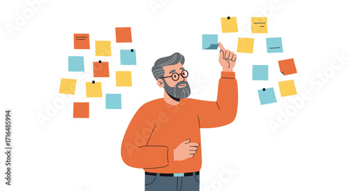 Creative thinking illustration of person organizing ideas on sticky notes