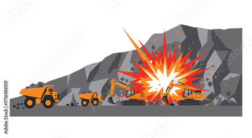 Stylized illustration of a vibrant blasting operation at a quarry site