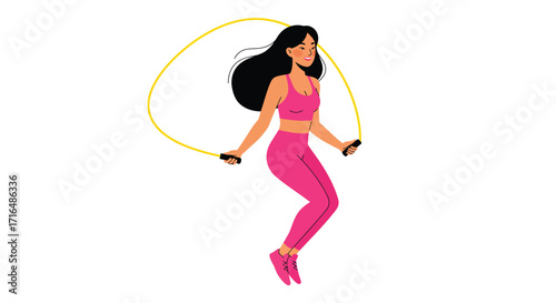 Energetic Woman's Flat Vector Illustration Jumping Rope Against White