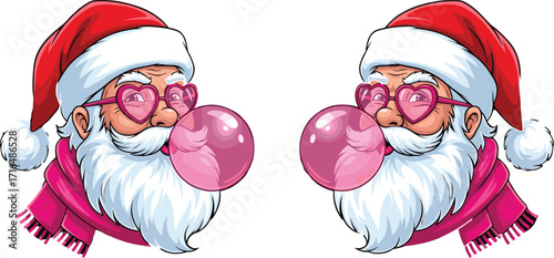 Cartoon vector illustration of funny Santa Claus blowing pink bubble gum wearing heart glasses and scarf, modern Christmas holiday character design