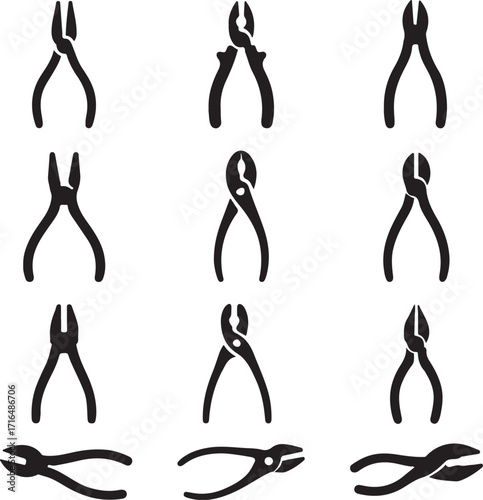 Nine solid black silhouette icons of various pliers and cutters tools hand tools