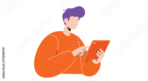 Stylized vector illustration of a person interacting with a tablet device