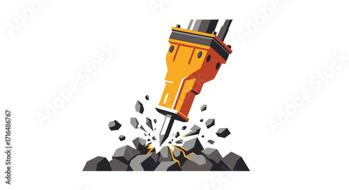 Vibrant hydraulic hammer breaking rocks - stylized flat vector illustration