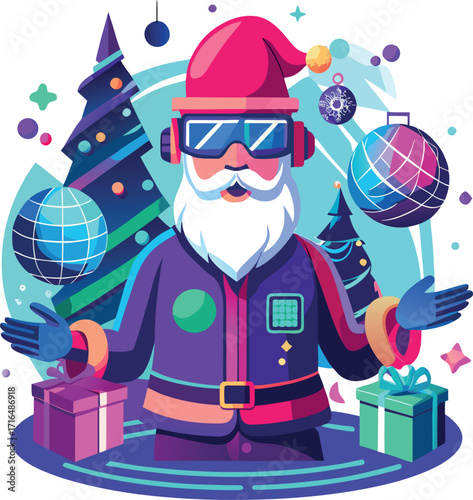 Santa wearing a VR headset, exploring a virtual Christmas world