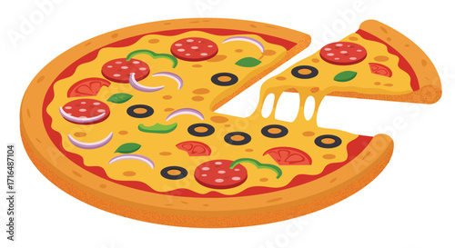 Stylized pizza illustration with a melting cheese slice on white