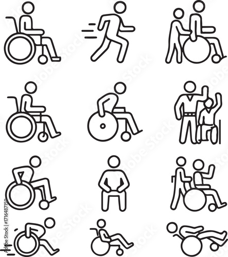 Set of icons representing people with disabilities and mobility assistance Keywords: accessibility, disabled